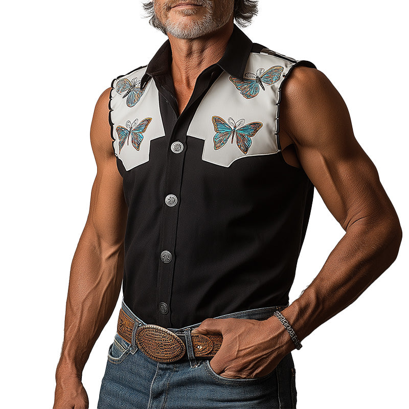 Men's Summer Western Cowboy Style Butterfly Embroidery Patchwork Sleeveless Shirt MTA1493E1P