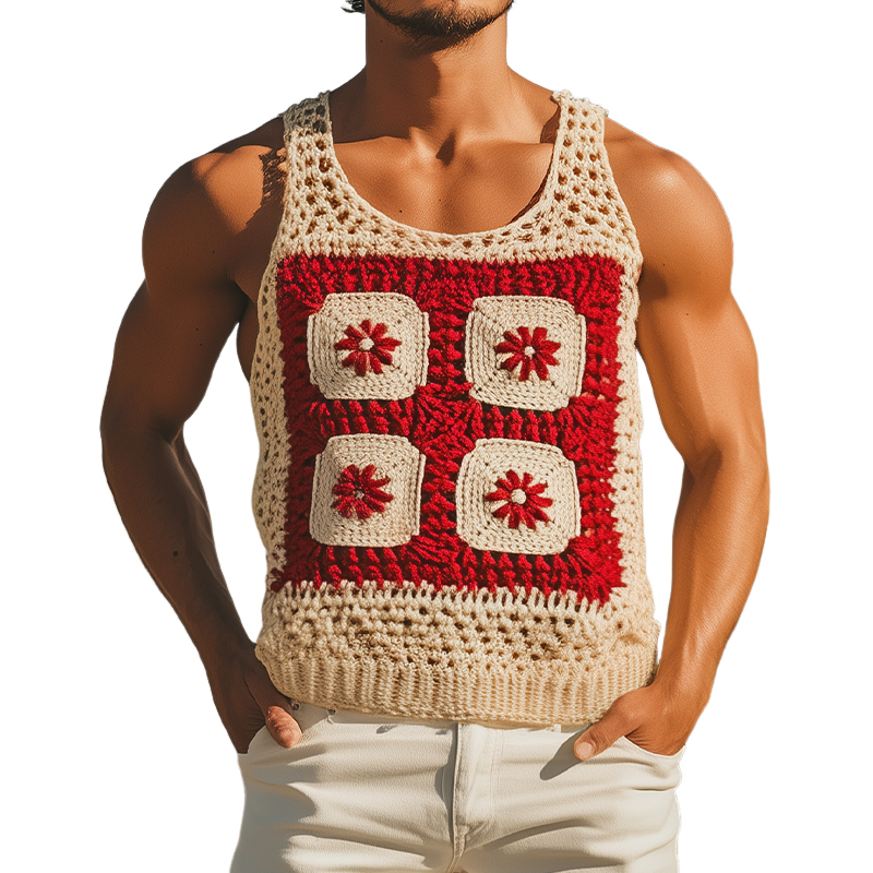Men's Summer Fashion Casual Hollow Crochet Flower Knitted Tank Top MTA2773F5K