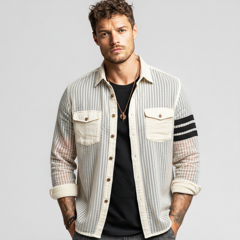 Men's Fashionable Coastal Semi-sheer Striped Casual Long-sleeved Shirt MTZ1944A5U