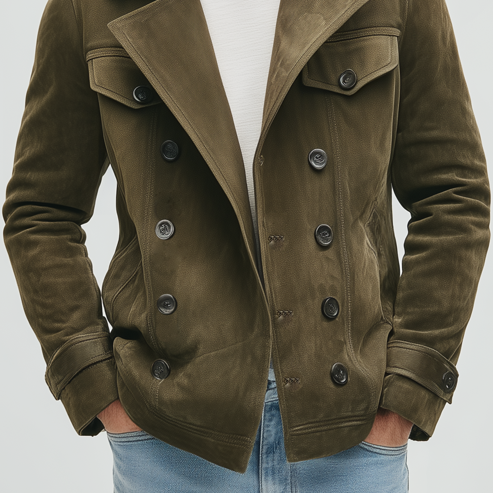 Men's Classic Retro Lapel PU Leather Double-breasted Multi-pocket Suede Jacket MTA0222I9K