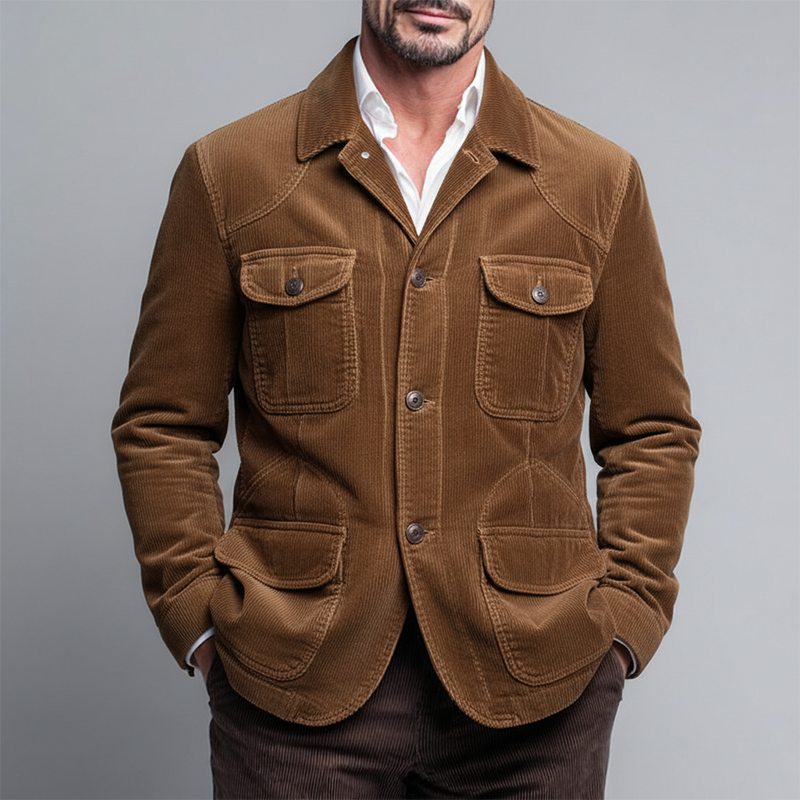 Men's Retro Solid Color Corduroy Lapel Multi-Pocket Jacket MTA1989K7X