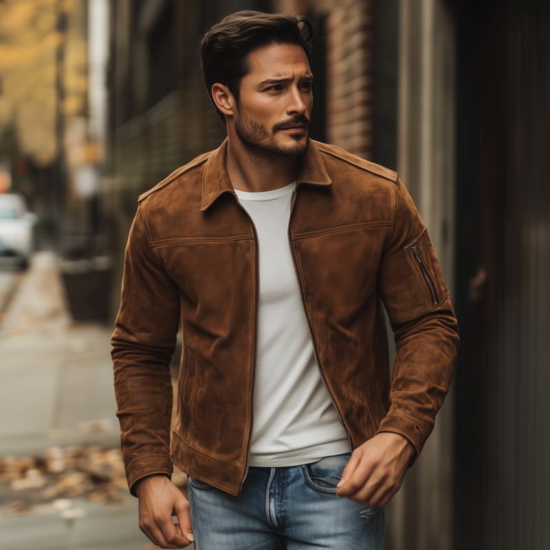 Men's Vintage Solid Faux Suede Lapel Zipper Placket Sleeve Pocket Slim Fit Jacket MTA2584G5M
