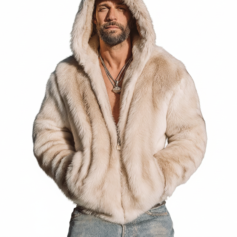 Men's Beige Luxury Plush Faux Mink Hooded Jacket Jacket MTA0734K8U