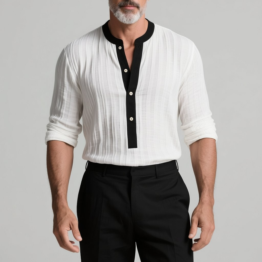 Men's Colorblock Henley Collar Textured Fabric Long Sleeve Shirt MTA0185G8Y