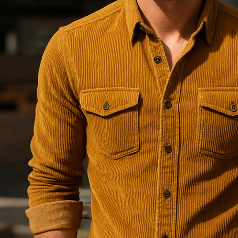 Men's Retro Casual Solid Color Corduroy Lapel Long Sleeve Shirt MTA0868H6TO