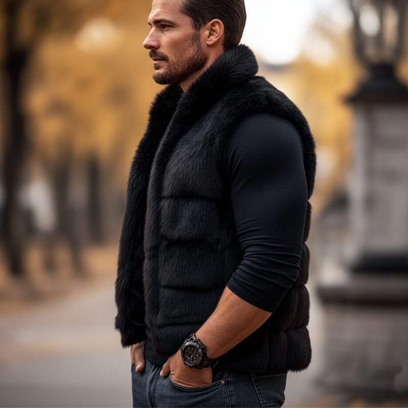 Men's Midnight Black Plush Luxe Faux Fur Vest MTA0713K7U