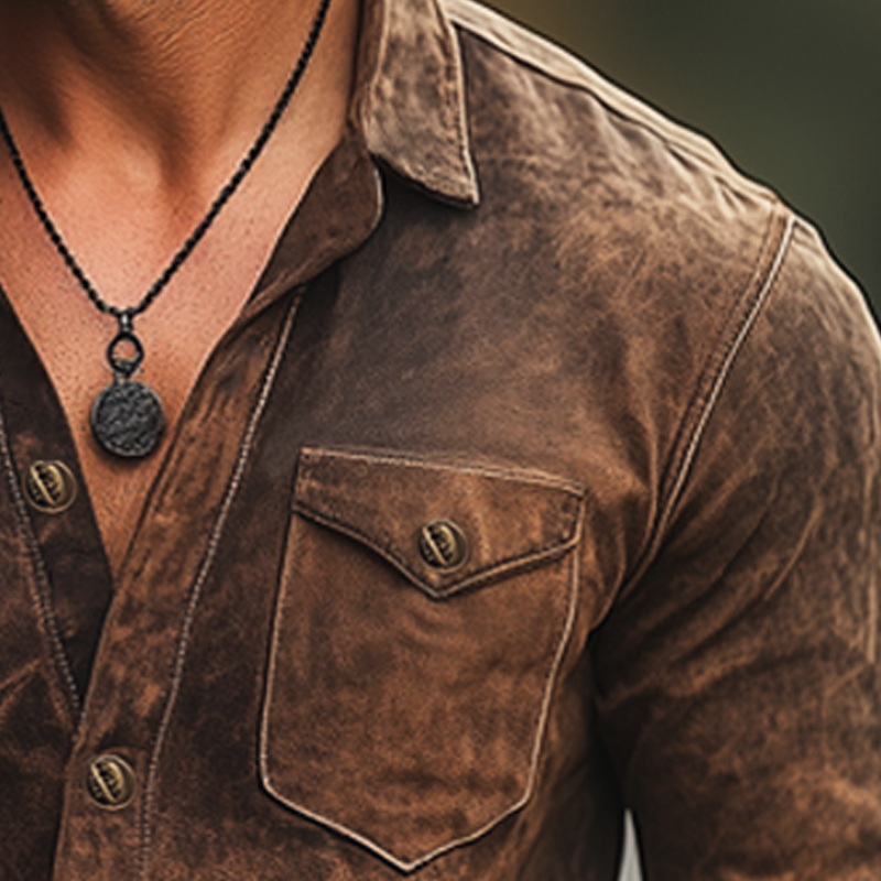 Men's Spring And Autumn Retro Distressed PU Leather Long Sleeve Shirt MTA1303H0U