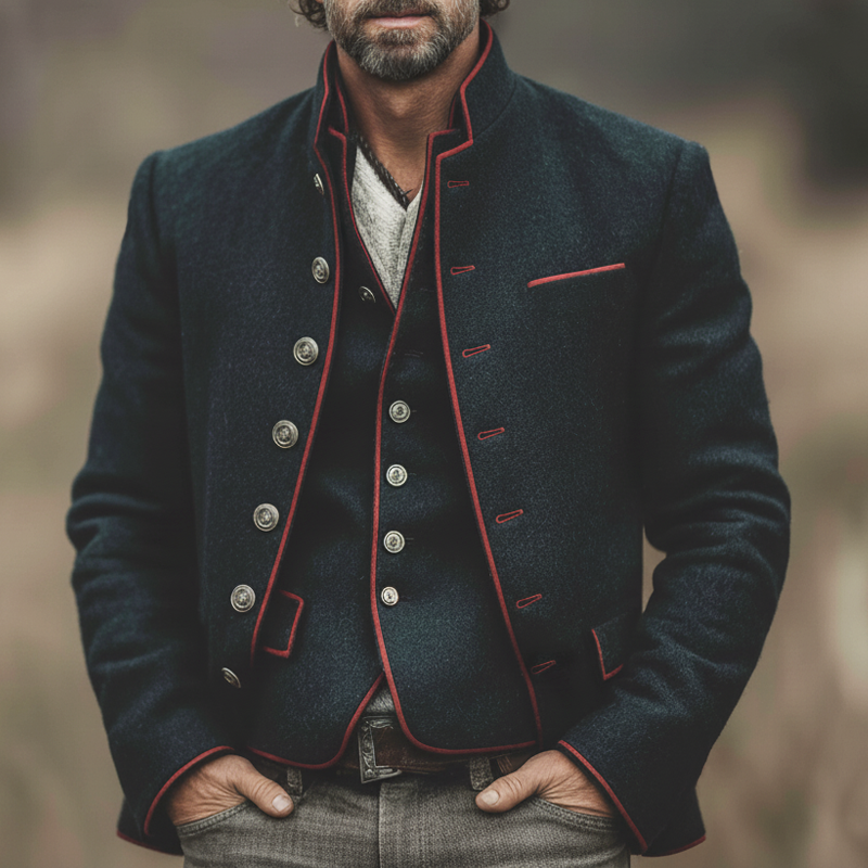 Men's Retro Business Stand Collar Multi-Button Color-Blocked Trim Faux Wool Jacket MTA1803L2U