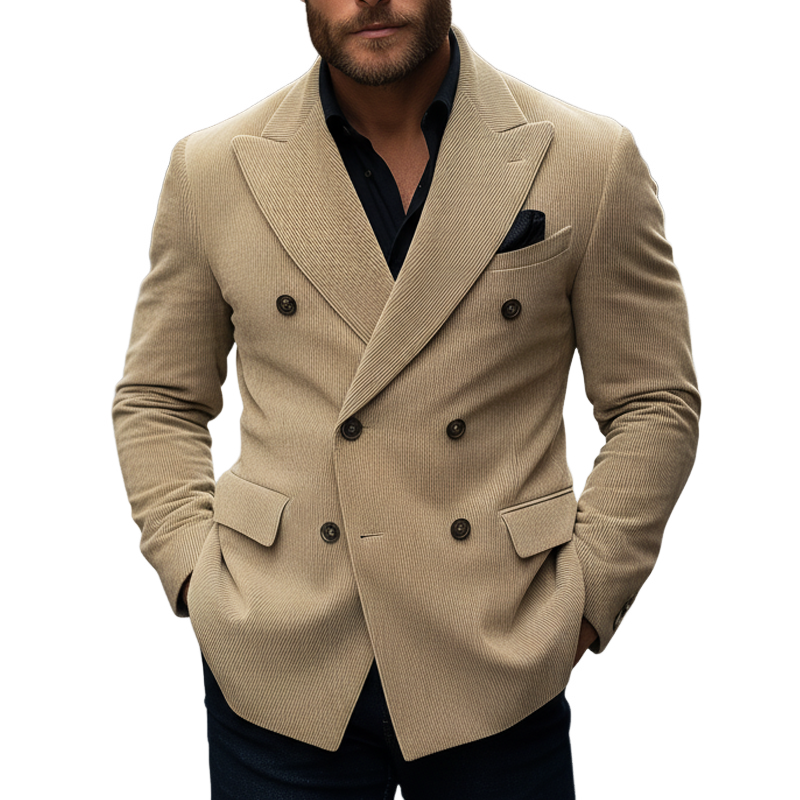 Men's Classic Business Light Khaki Corduroy Double-breasted Double-vent Blazer MTA0495K3U