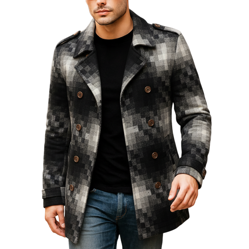 Men's Classic Graphite Check Double-breasted Faux Wool Short Coat MTA0848K8U