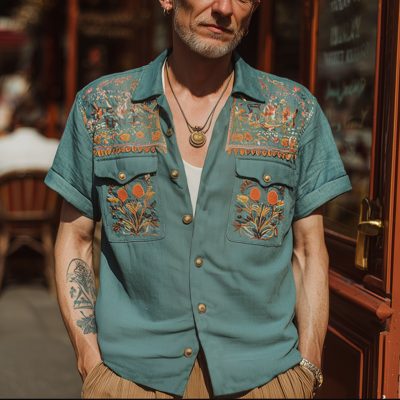 Men's Summer Exquisite Multicolor Embroidered Short Sleeve Shirt MTA1790F0U