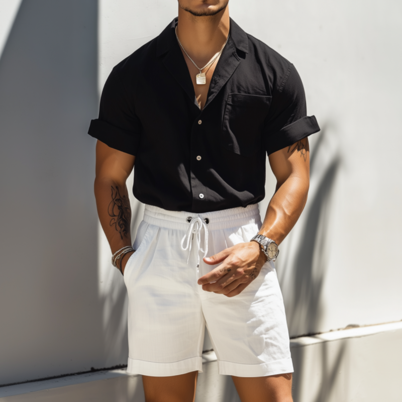 Men's Casual Breathable Cotton Linen Slim Fit Cuban Collar Patch Pocket Short Sleeve Shirt Elastic Waist Shorts Set MTA0516F5M