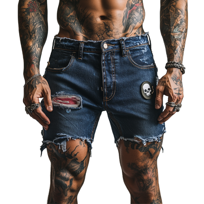Men's Skull Ripped Denim Shorts MTA1853F5X