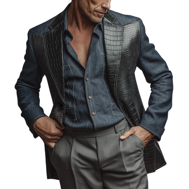 Men's Retro Casual PU Crocodile Pattern Denim Patchwork Blazer MTA2575K6TO