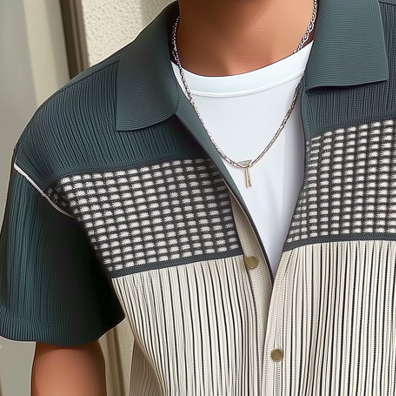 Men's Business Colorblock Knitted Button Short Sleeve Shirt MTA1825G7U