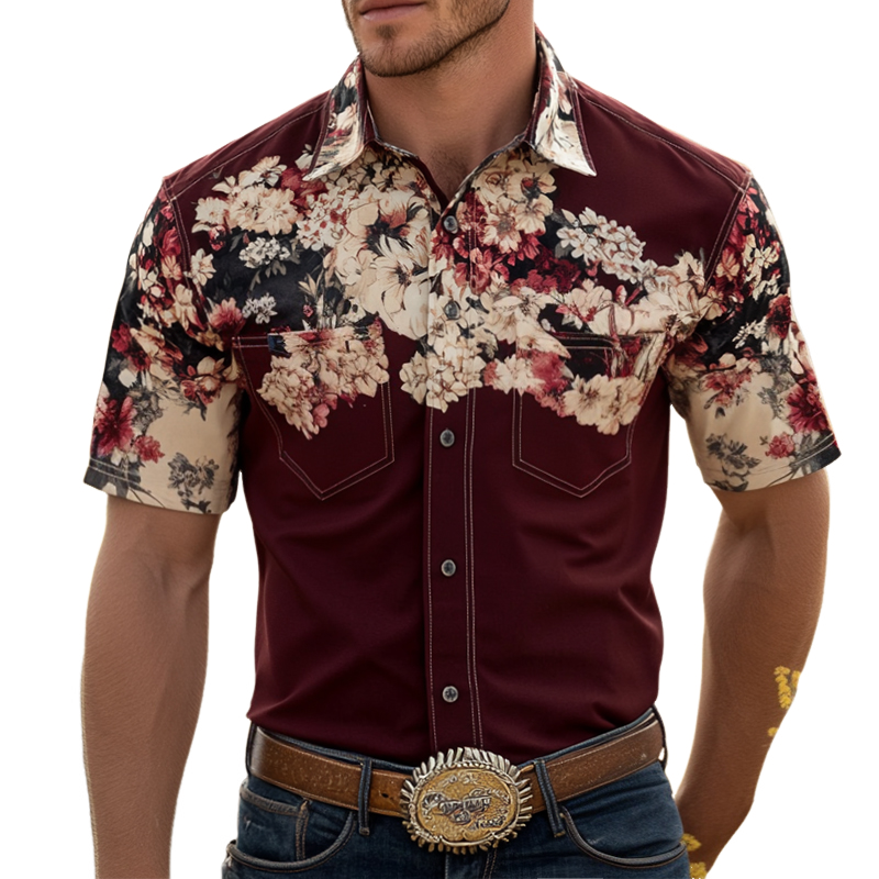 Men's Retro Western Cowboy Style Floral Print Lapel Short Sleeve Shirt MTA0664E4TO