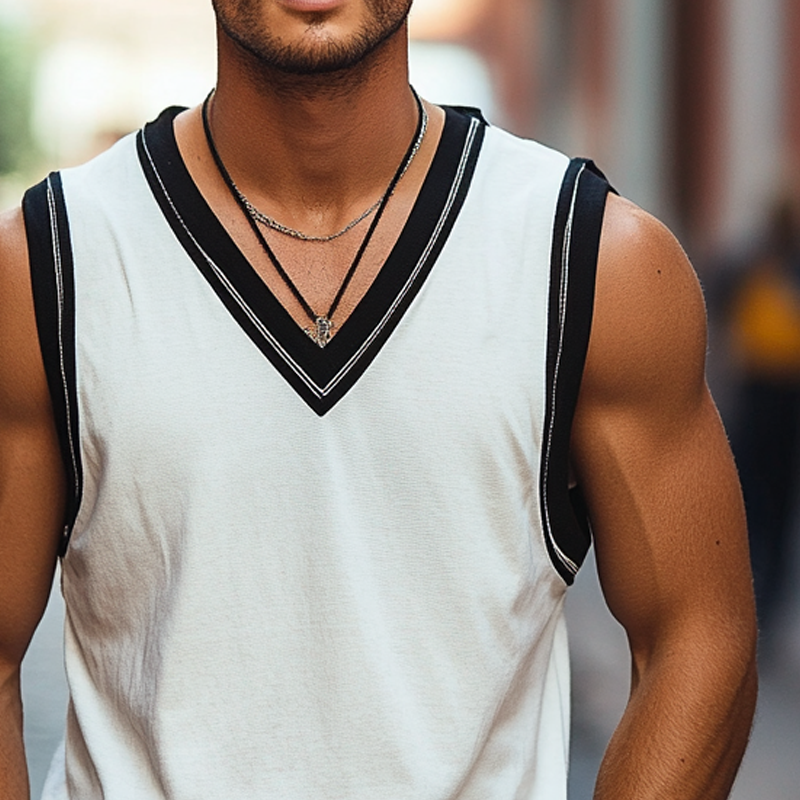 Men's Contrast Color V-Neck Cotton Blend Tank Top MTA1817G9X