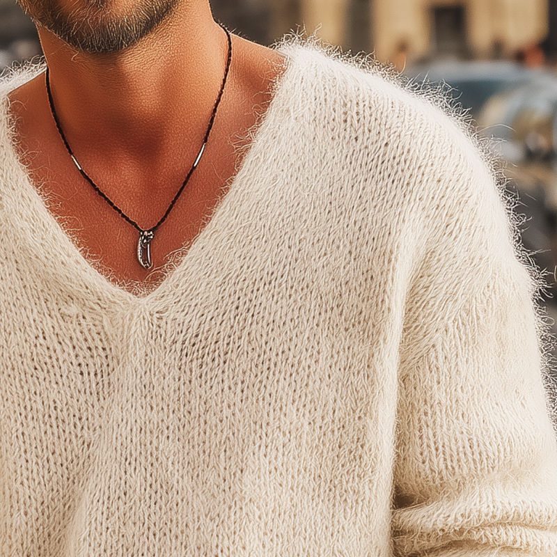 Men's Classic Simple Apricot V-neck Knitted Sweater MTA1623J9U