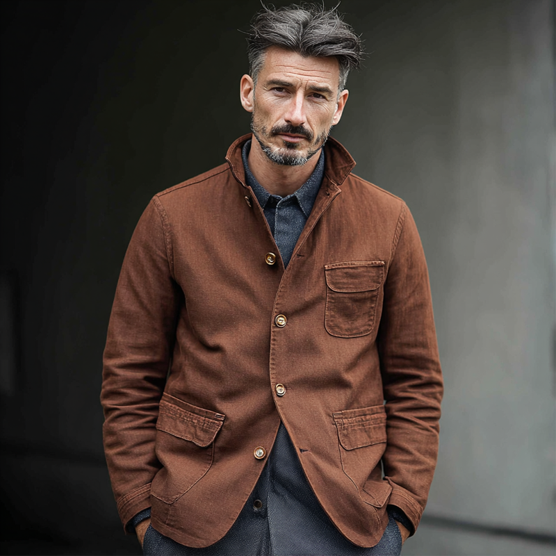 Men's Washed Cotton Lapel Multi-pocket Single Breasted Casual Jacket MTA1803H9Z