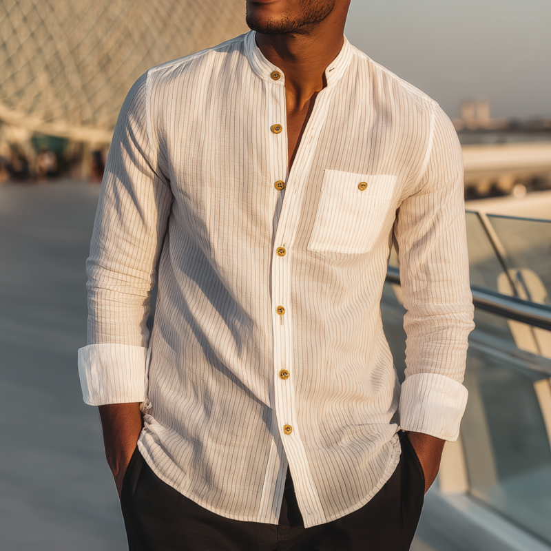 Men's Casual Breathable Cotton Striped Stand Collar Patch Pocket Slim Fit Long Sleeve Shirt MTA0752G8M