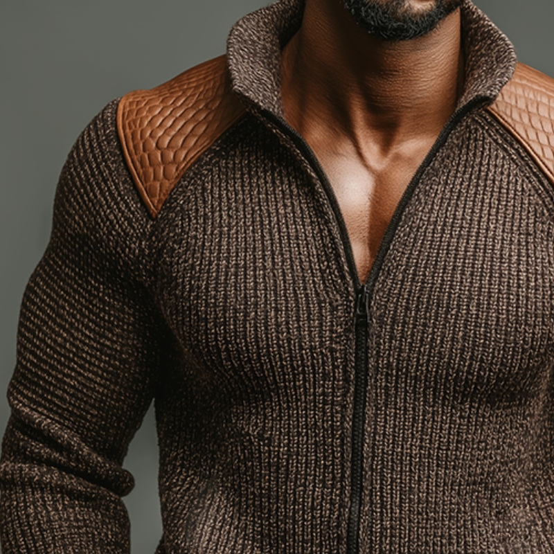 Men's Retro Casual PU Splicing Zipper Knitted Cardigan Sweater MTA1584I0TO