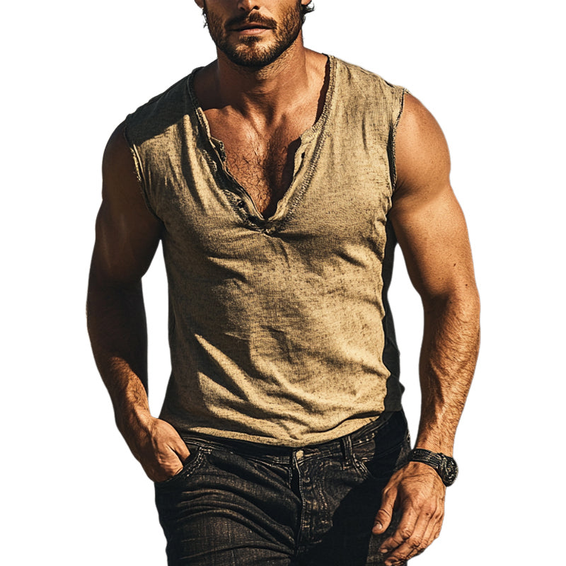 Men's Casual Cotton And Linen Henley Collar Sleeveless T-Shirt MTA3099E8X