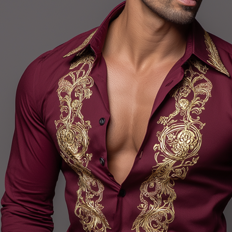 Men's Retro Casual Baroque Print Lapel Long Sleeve Shirt MTA3068G9TO