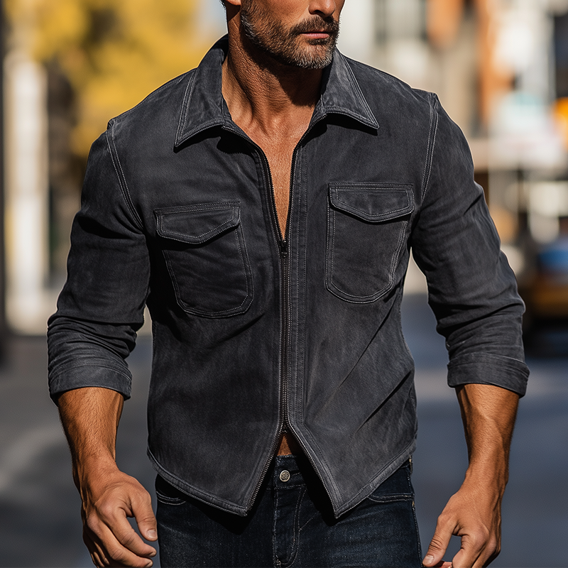 Men's Vintage Faux Suede Zip-up Thin Shirt MTA1003L0P