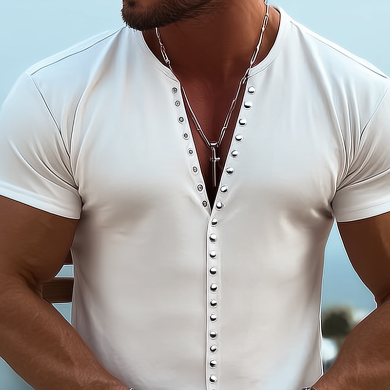 Men's Fashion Metal Button Round Neck Short Sleeve Shirt MTA1774G7Z