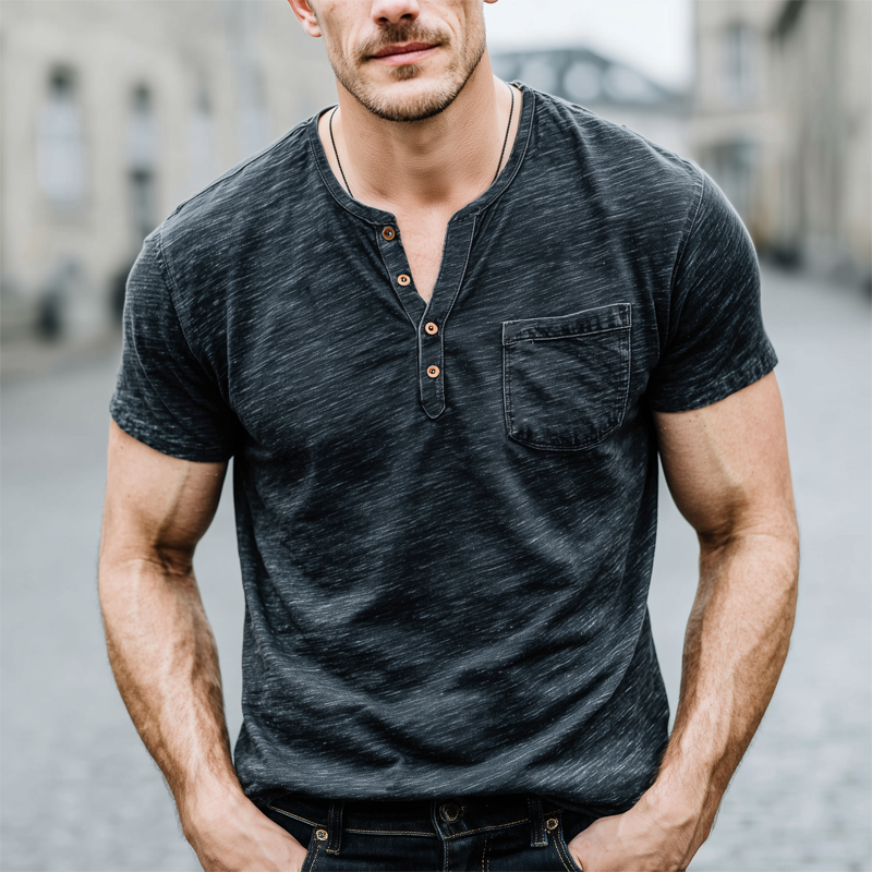 Men's Classic Henley Collar Cotton Short Sleeve T-Shirt MTA0835G8U