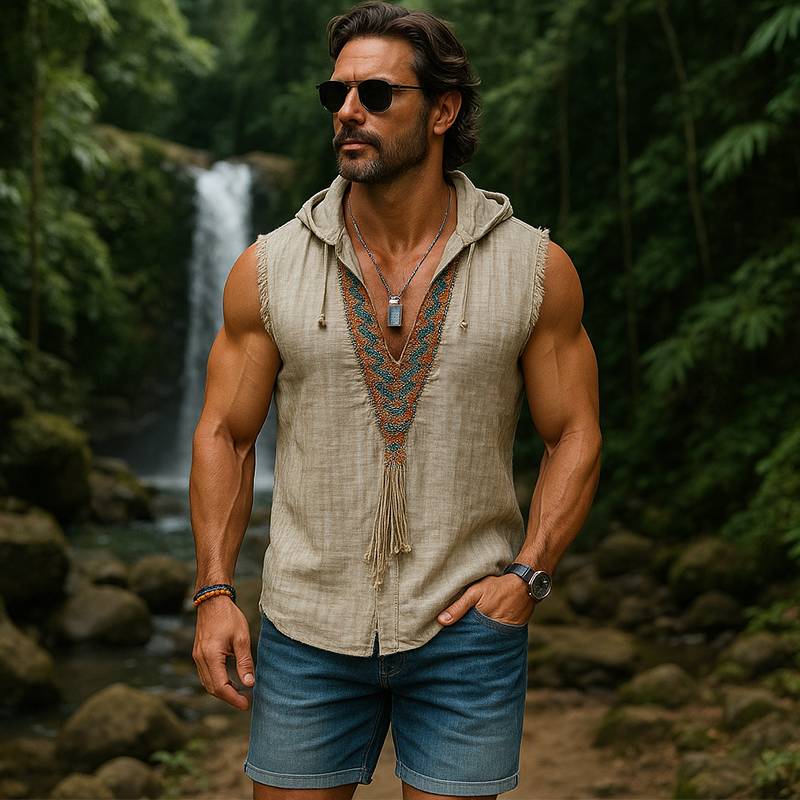 Men's Summer Fashion Embroidered Hooded Slub Linen Tank Top MTA1365F3P