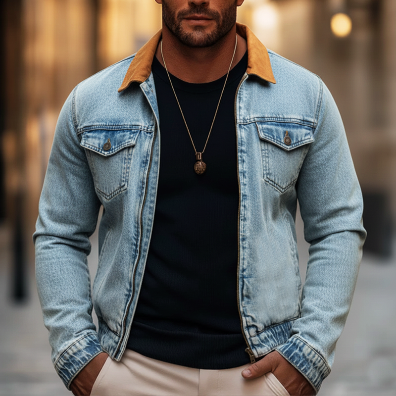 Men's Urban Color Block Zipper Slim Fit Denim Jacket MTA2206L4U