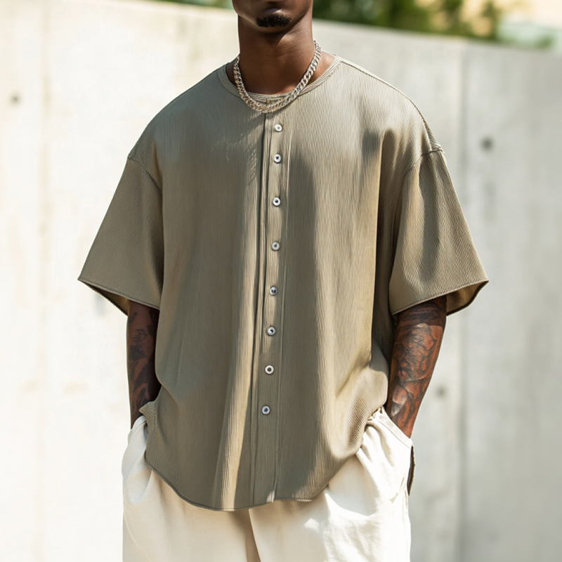 Men's Fashionable Button Decorated Round Neck Loose Short Sleeve Pullover T-Shirt MTA1349E1M