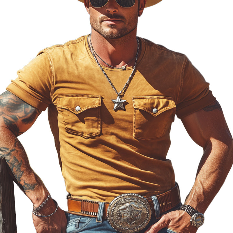 Herre sommer-T-skjorte i western-cowboystil med rund hals og doble lommer MTA2975E2U