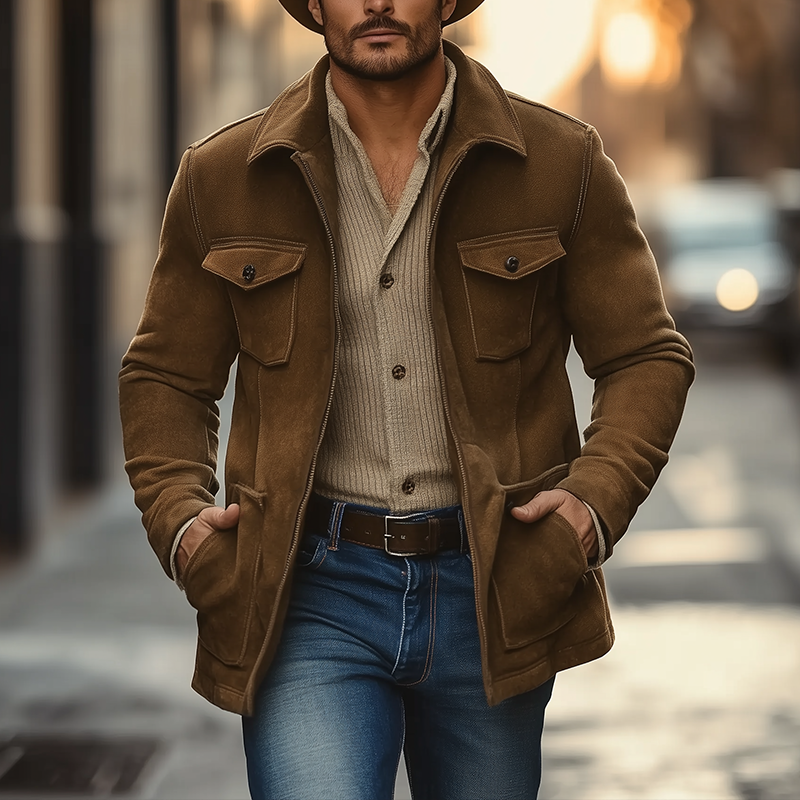 Men's Winter Retro Solid Color Faux Suede Zip-up Coat MTA3054J1P