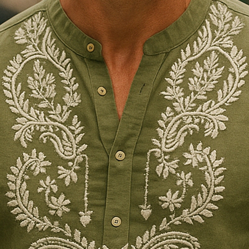 Men's Summer Fashion Solid Color Embroidery Linen Short Sleeve Shirt MTA2338E9P
