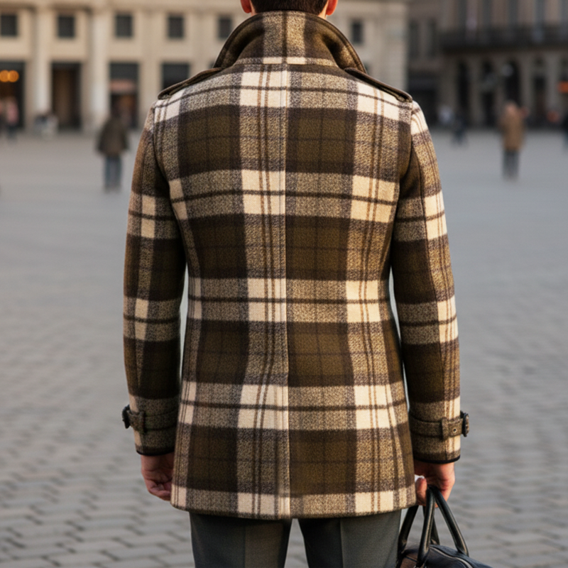 Men's Classic Plaid Colorblock Collar Double-Breasted Short Coat MTA2591I2U