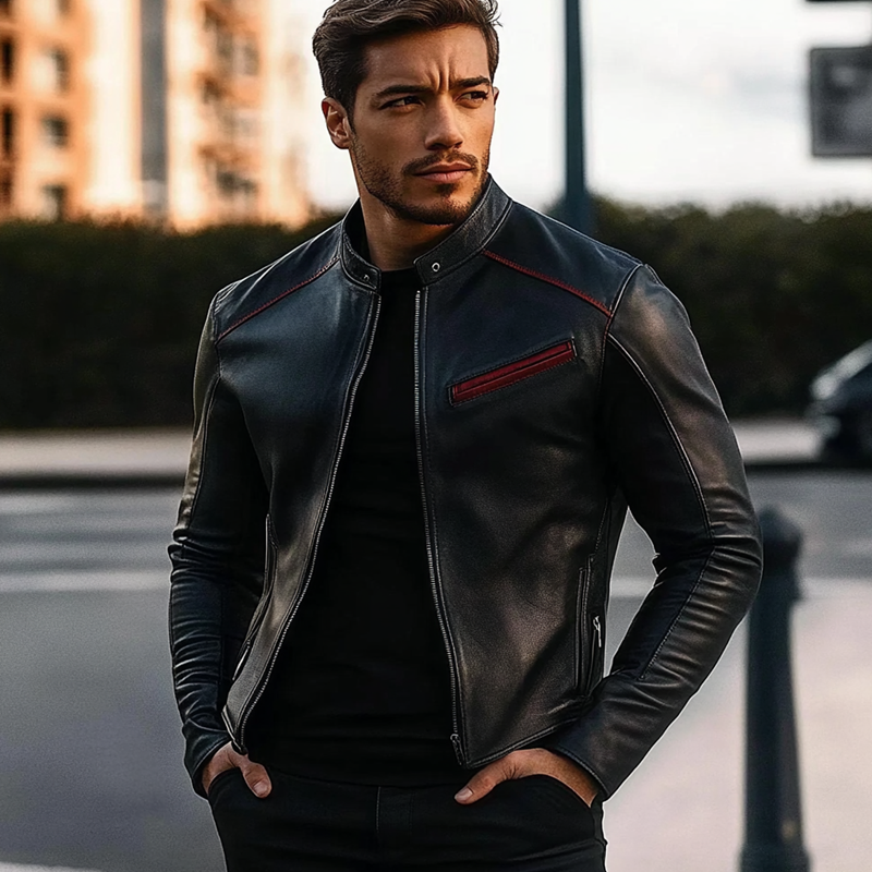 Men's Contrast Color Stand Collar PU Zipper Slim Fit Jacket MTA1558I5X