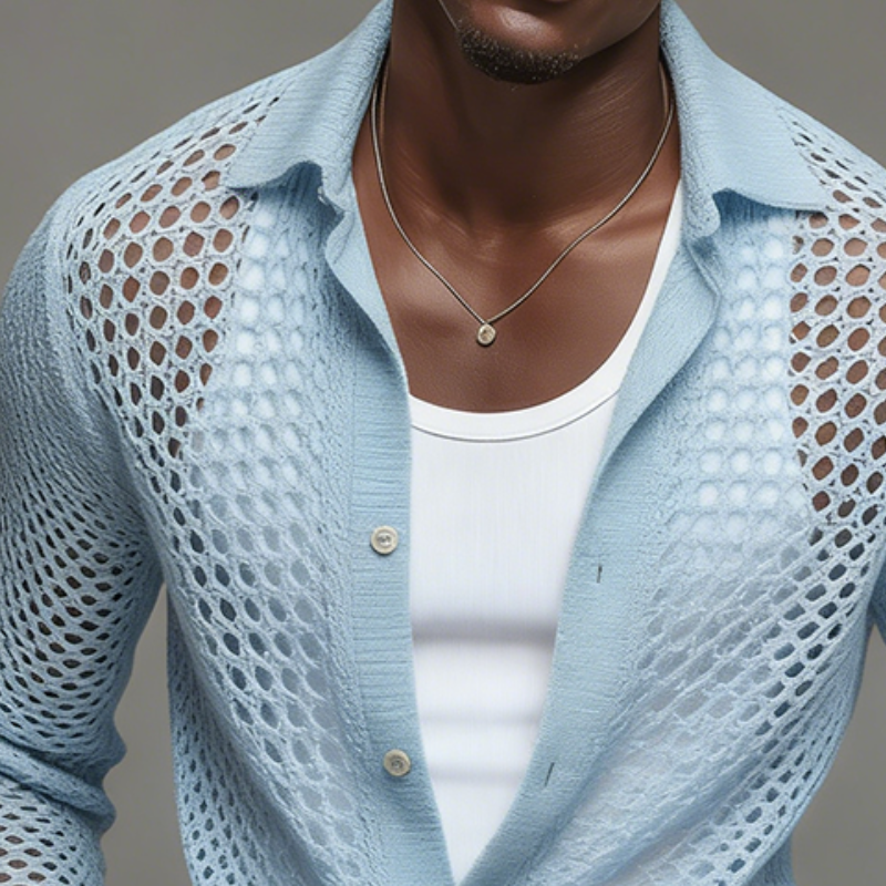 Men's Retro Casual Knitted Hollow-Out Shirt With Turn-Down Collar Cardigan MTZ1449A2TO