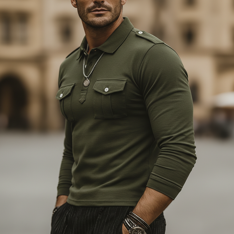 Men's Business Cotton Three-Button Polo Collar Slim Fit Long-Sleeve T-Shirt MTZ0743A1U