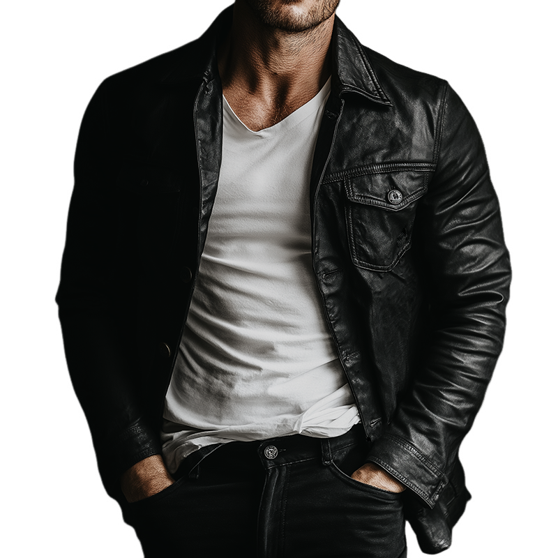 Men's Retro Casual PU Button-Up Lapel Leather Jacket MTA2712K5TO