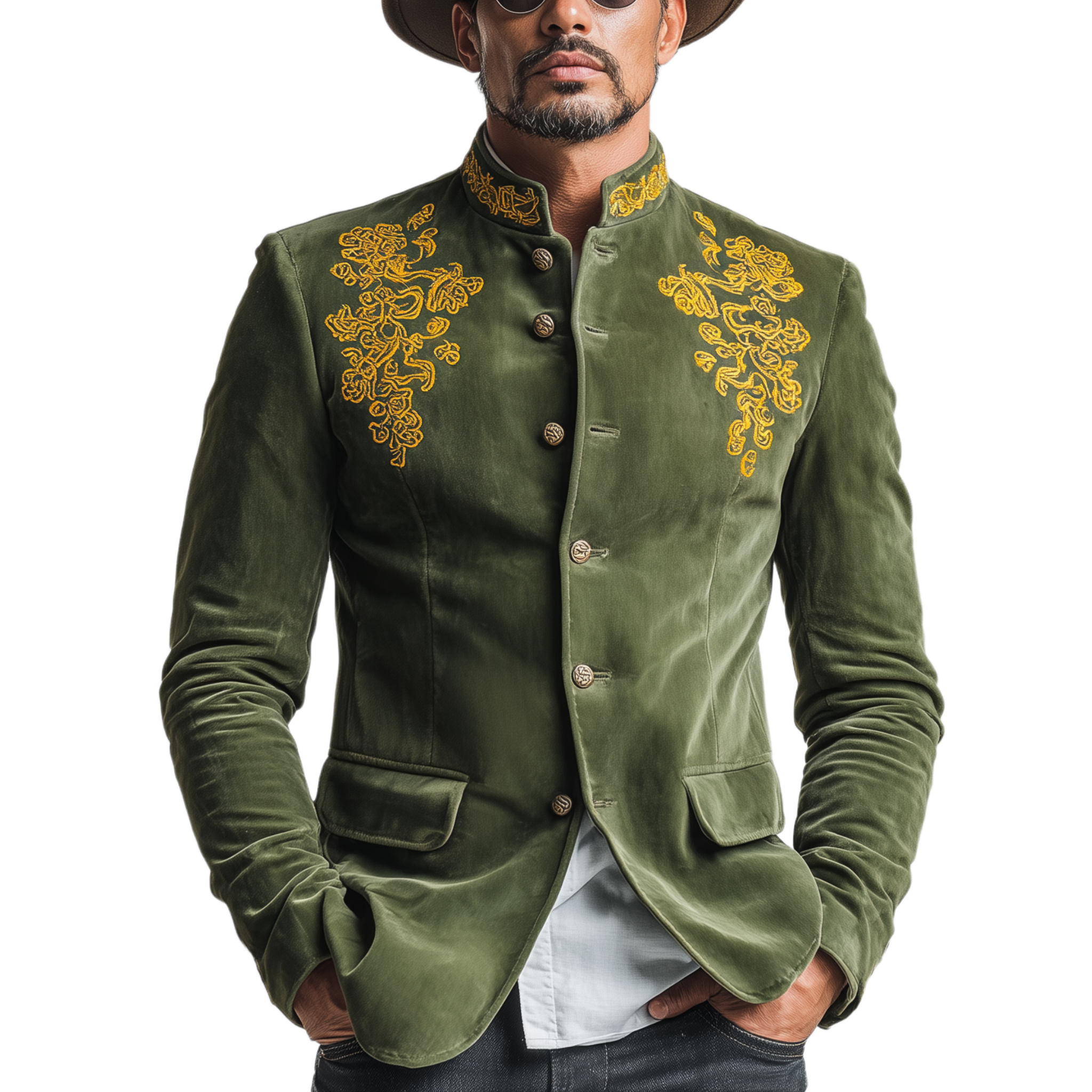 Men's Classic Retro Stand Collar Embroidered Faux Velvet Slim Fit Jacket MTA0401L4K