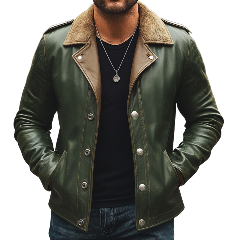 Men's Retro Snap Button Fleece Collar PU Leather Jacket MTA2947K8U