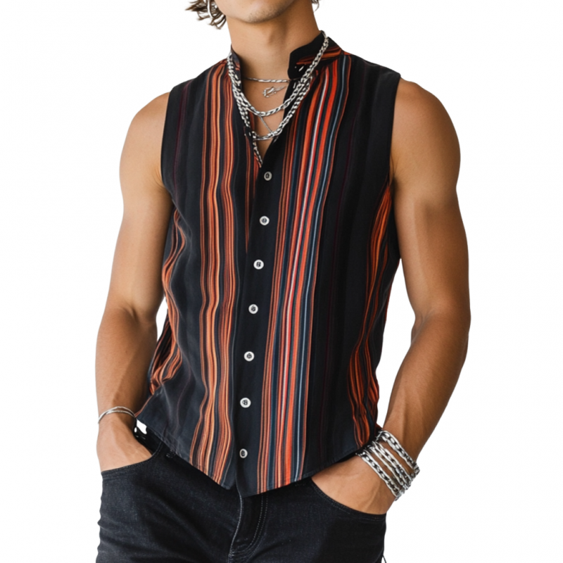 Men's Casual Contrast Color Stripe Print Stand Collar Slim Fit Sleeveless Shirt MTA2885D5M