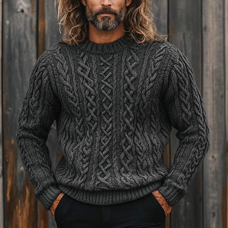 Men's Cable Knit Textured Solid Color Crew Neck Knit Sweater MTA0146L3X