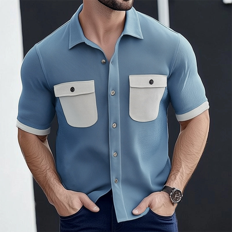 Herre sommerskjorte med korte ermer i twill, fargeblokkmønster MTA2793E7U