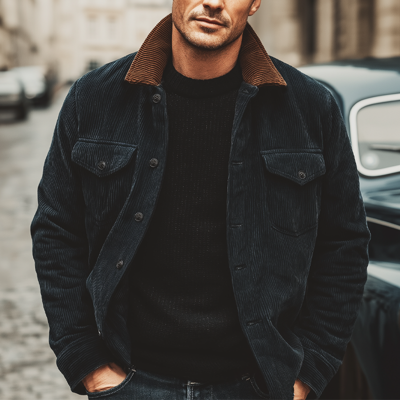 Men's Retro Navy Blue Corduroy Color Block Collar Button Jacket MTA0387K4U