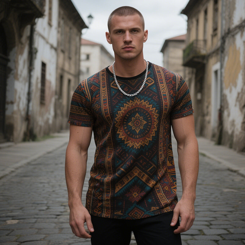 Men's Retro Casual Ethnic Style Geometric Printed Round Neck Short Sleeve T-Shirt MTA1687E3TO