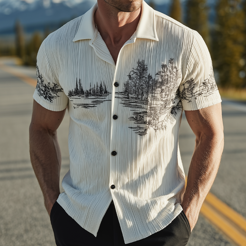 Men's Spring And Summer Classic Casual Ribbed Texture Fabric Embroidery Slim Short-sleeved Shirt MTA1188G6K