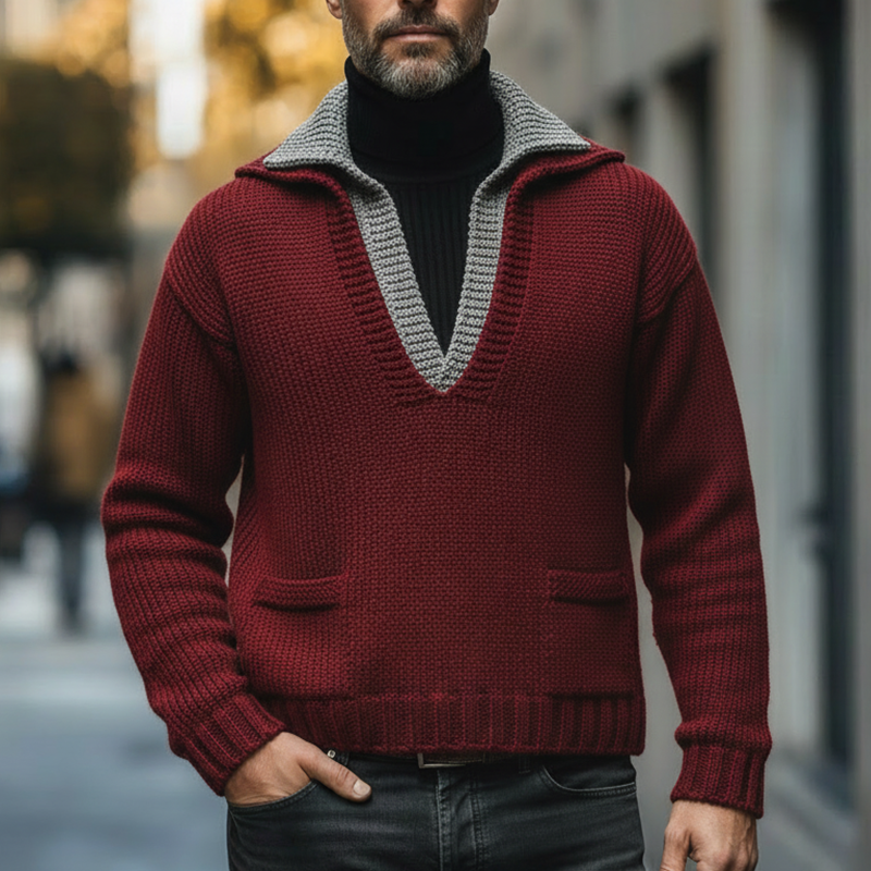 Men's Winter Vintage Cotton Knit Mock Two-piece V-neck Sweater MTA1852L4P